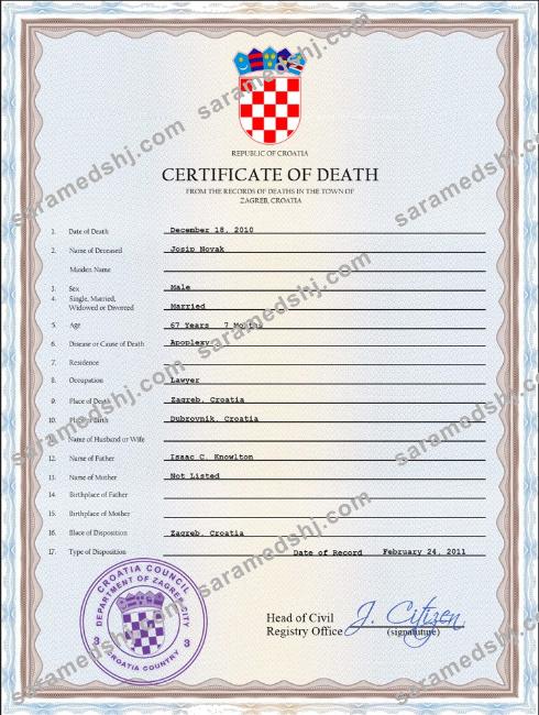 Croatia death certificate PSD template